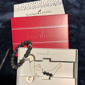 Young Living Black Lava Bead and Silver Beaded Bracelet & Necklace